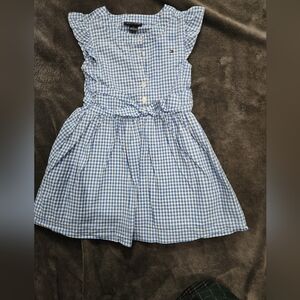 Tommy Hilfiger Girls Blue Gingham Dress Size 4T Bow Waist Button Front Summer